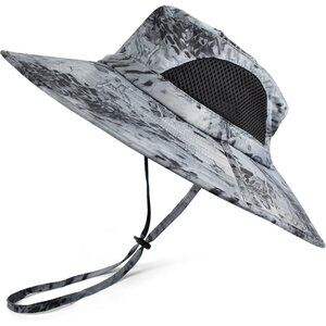 Unisex Light Grey 100%Polyester Wide Brim Mesh Vents With Chin Strap Fishing Hat